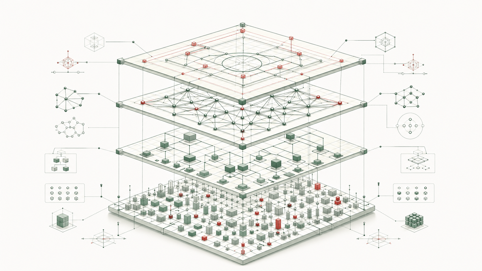 Isometric blueprint of a modular semantic platform: a central ringed building houses a core ontology, with conveyors radiating to satellite modules for analytics, graph storage, document ingestion, and reasoning.