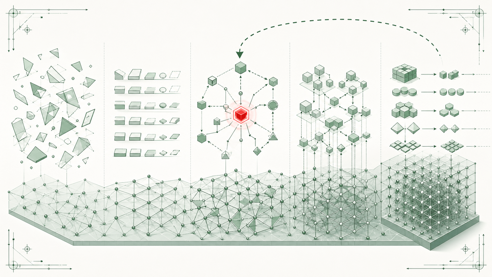 Technical-drawing sketch of a pipeline development kit: five vertical panels show progressive ontological refinement — scattered tetrahedra, stacked block primitives, a brick-red hexagonal hub with radial connections, a dense isometric node lattice, and a cubic grid — anchored beneath by a triangulated mesh that runs the full width.
