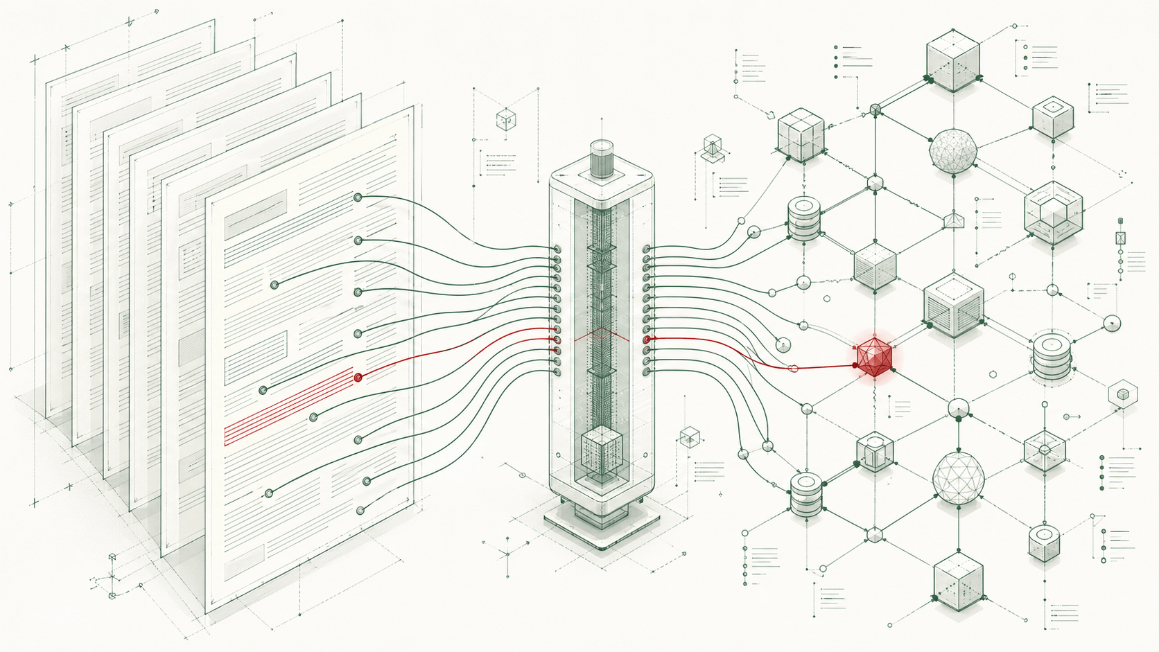 Sketch-style isometric flow from left to right: a fanned stack of paginated source documents on the left, with one line accented in brick red, threads along curved pipes into a central tower-like extraction engine, which in turn distributes structured outputs into a graph of cubic and cylindrical knowledge nodes on the right, with one node ringed in brick red.