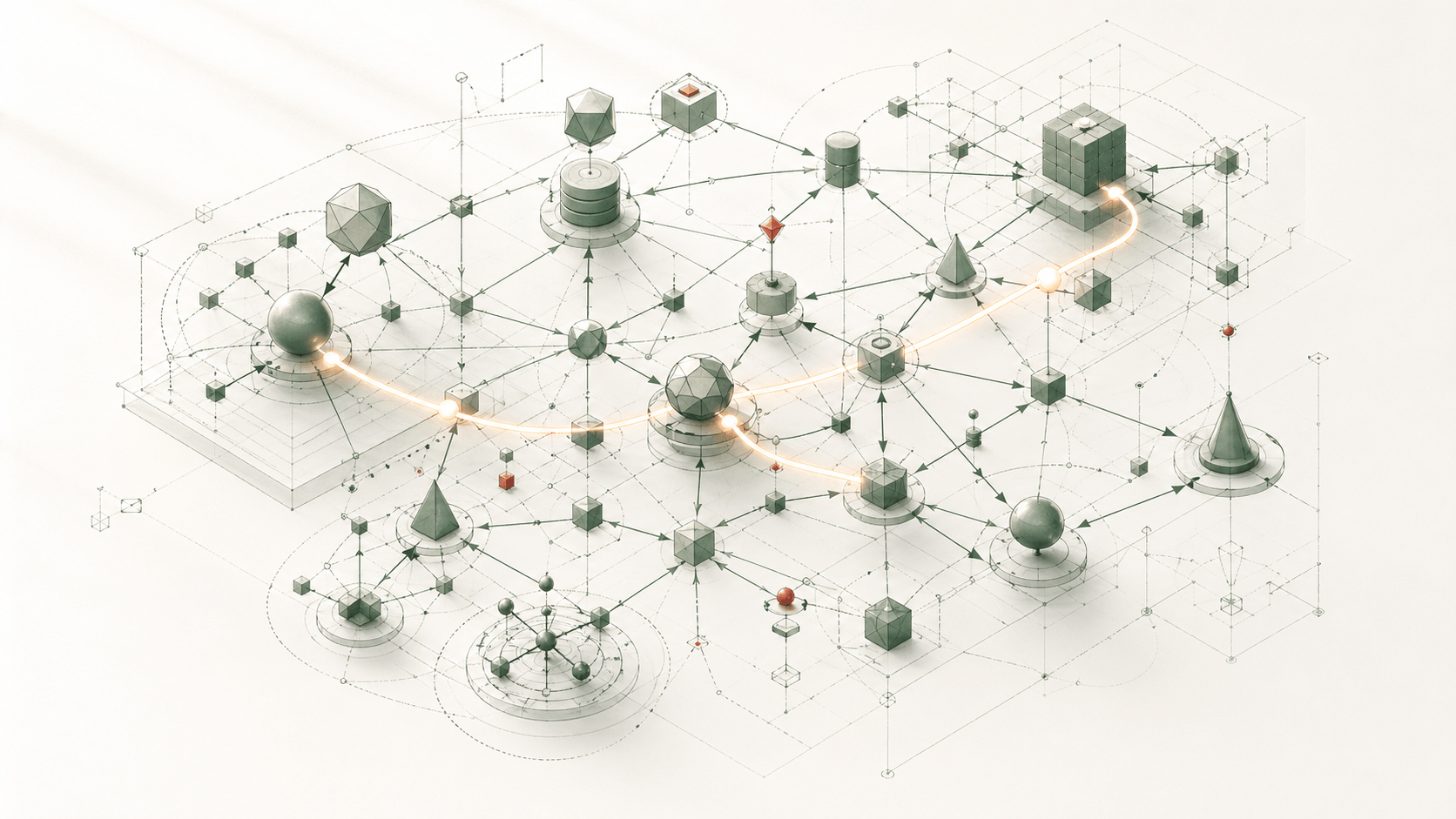 Layered isometric diagram of a knowledge graph: a top plane of grid coordinates feeds a middle plane of densely interconnected concept nodes, which in turn anchors a lower plane of typed data blocks, with a small number of nodes accented in brick red.